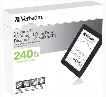 De verpakking van de 240 GB SSD van Verbatim