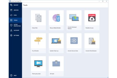 Acronis 2018 Windows-interface met tools-menu