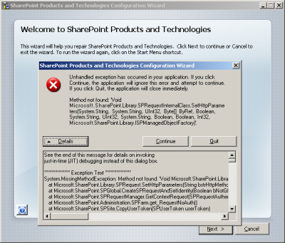 Bugje? systeemfout tijdens SharePoint Products and Technologies Configuration Wizard