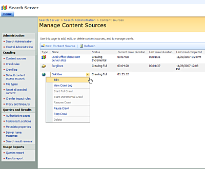 Microsoft Search Server 2008 Express -  beheer van inhoudsbronnen