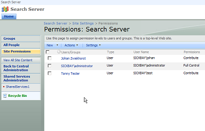 Microsoft Search Server 2008 Express -  zoeksitepermissies