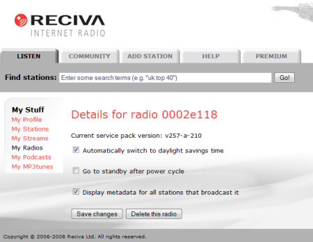Reciva website: je moet de Tangent radio wel eerst registeren