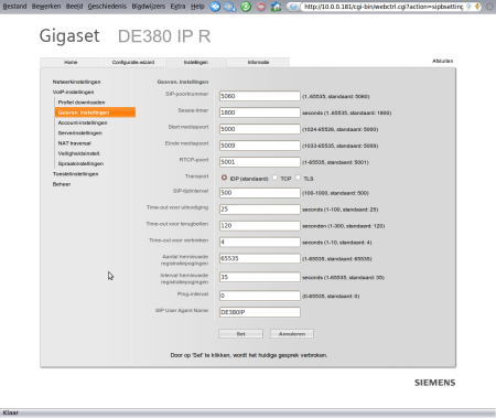 Siemens Gigaset DE380 IP R webbeheer - VoIP-instellingen