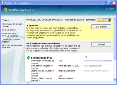 Windows Live OneCare controleert in het algemeen de goede werking van de pc