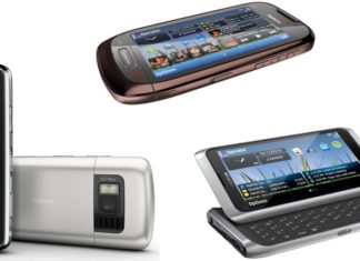 Nokia C6 (links), C7 (boven) en E7 (rechts)